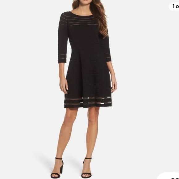 ELIZA J BLACK SHEER MESH STRIPE FIT & FLARE SWEATER DRESS 3/4 SLEEVE XS petite - Picture 1 of 9